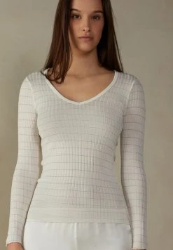Intimissimi Damen MIT V-AUSSCHNITT AUS BAUMWOLLSEIDE - Strickpullover - Powder White Striped Lurex