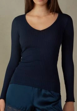 Intimissimi Damen MIT V-AUSSCHNITT AUS BAUMWOLLSEIDE - Strickpullover - Blau Intense Blue
